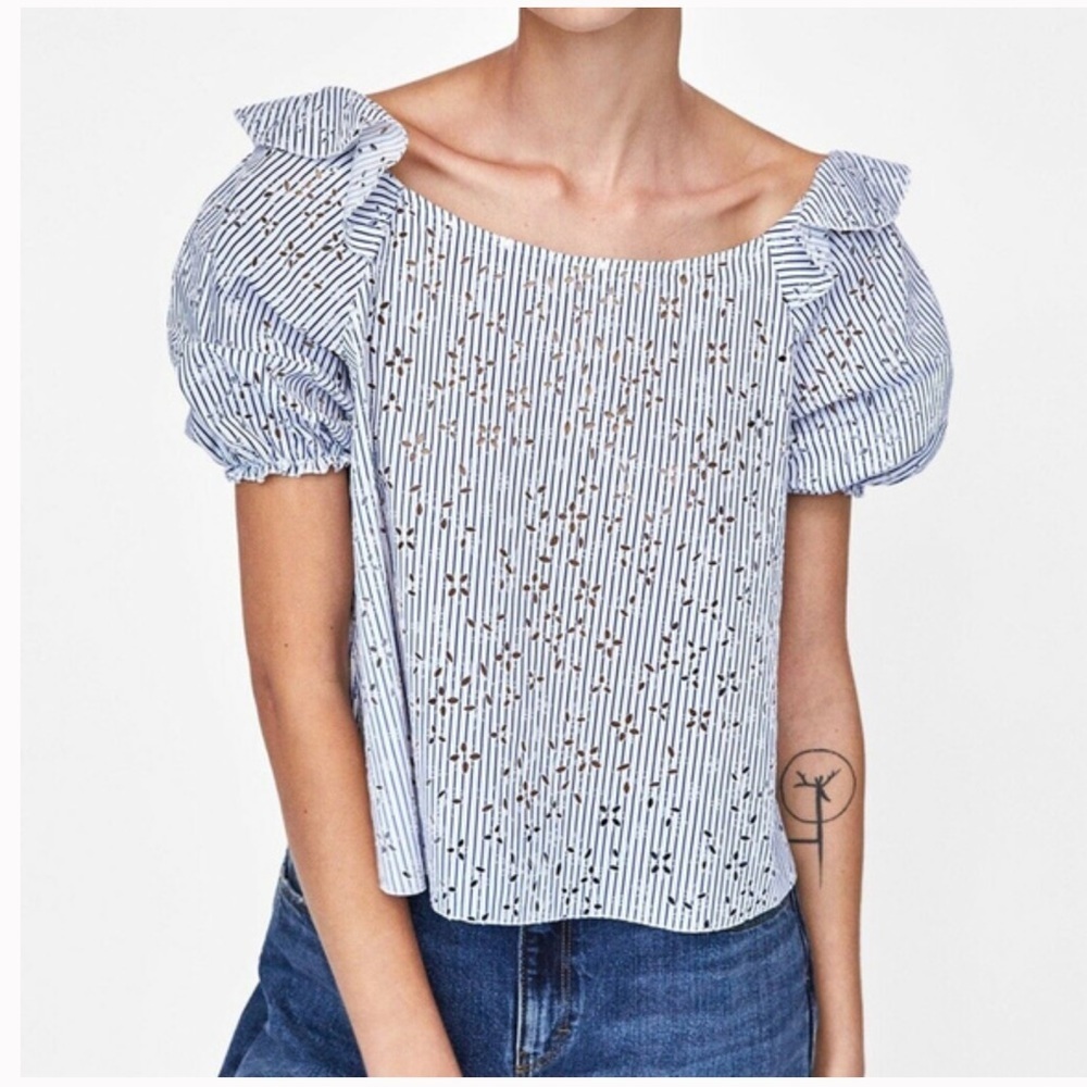 Zara blue and white striped eyelet blouse